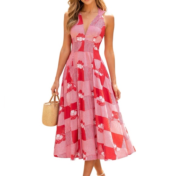 Anthropologie Dresses & Skirts - Antrhopologie Eva Franco Fit and Flare Dress Red White Floral Swing Elegant SZ 4